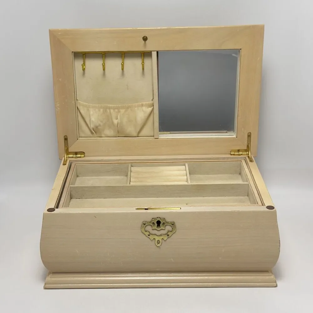 2-Tier Wooden Jewelry Organizer with Necklace Hooks, Mirror & Removable Tray